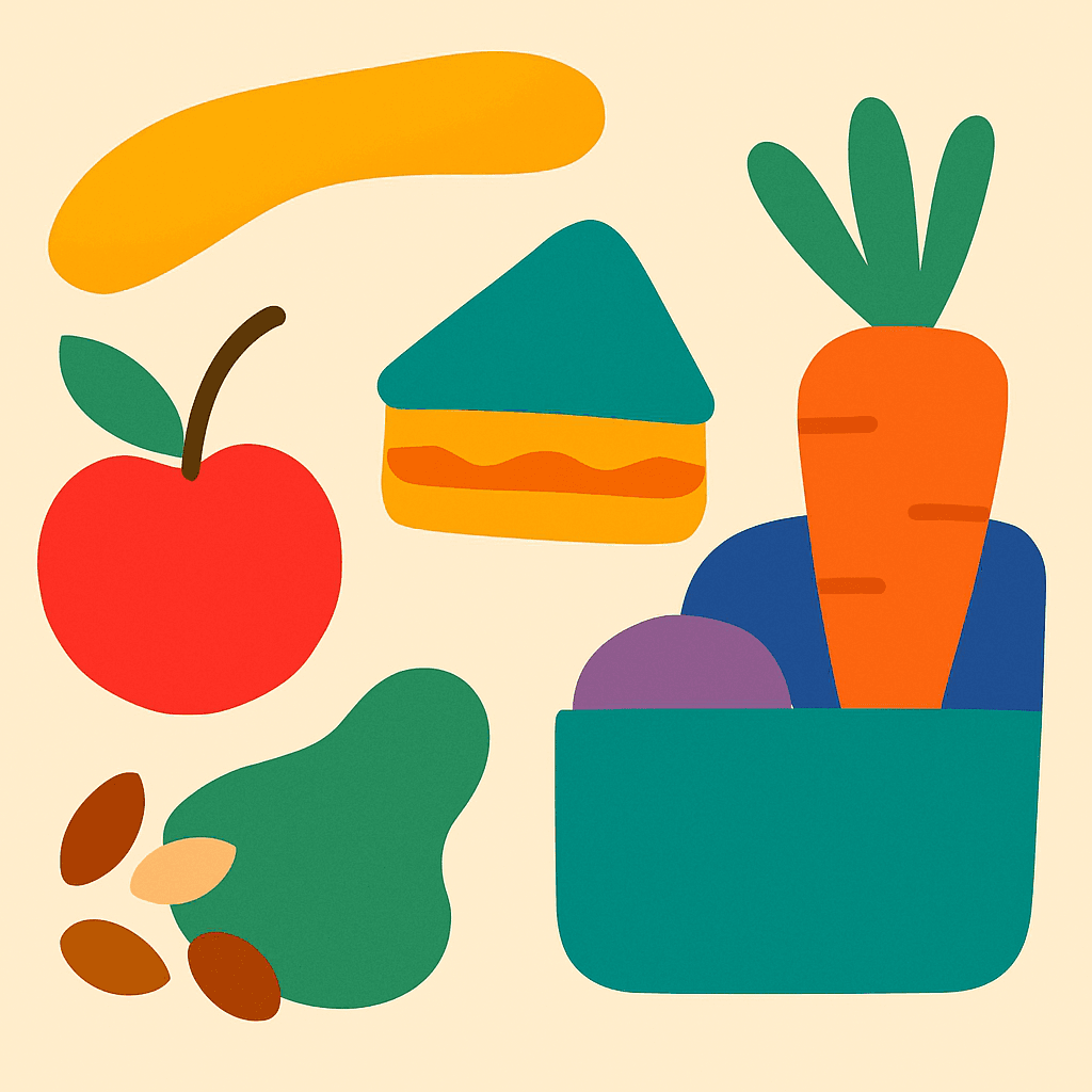 Illustrazione astratta di frutta, verdura e lunchbox colorata