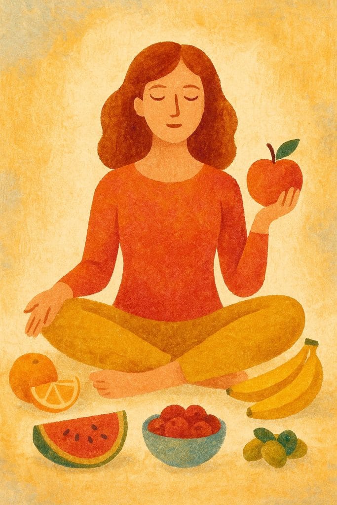 Donna che pratica mindful eating con frutta