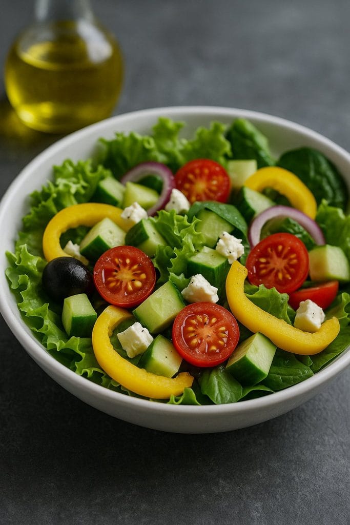 Piatti tradizionali della dieta mediterranea con olive e pomodori