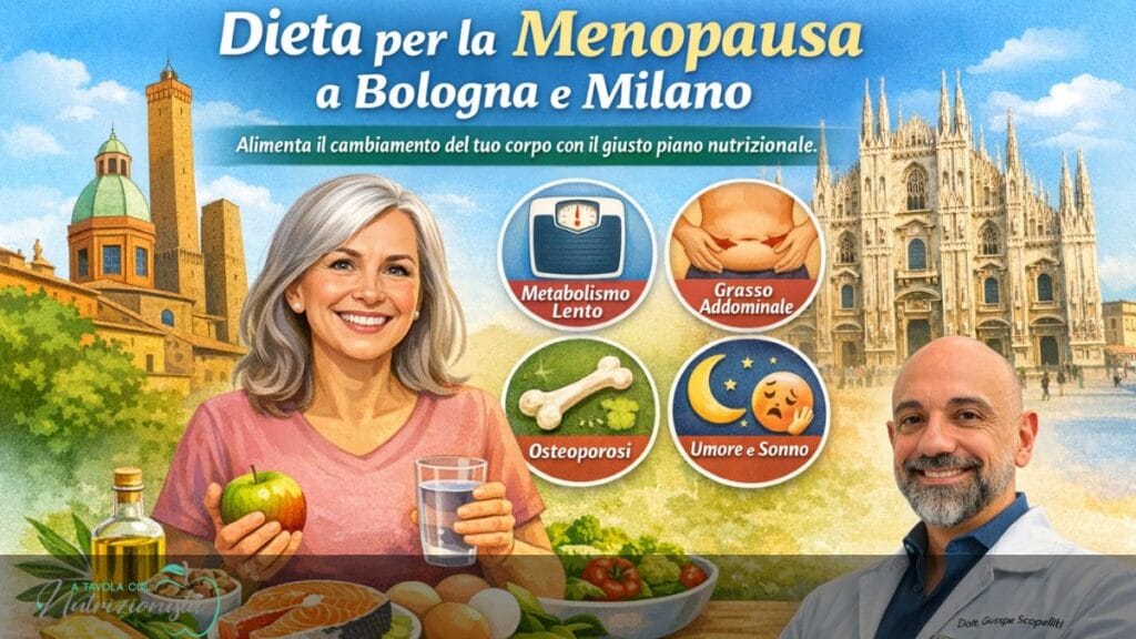 Nutrizionista per dieta in menopausa a Bologna e Milano, Dott. Giuseppe Scopelliti, con immagine dedicata ad alimentazione, metabolismo e salute femminile.